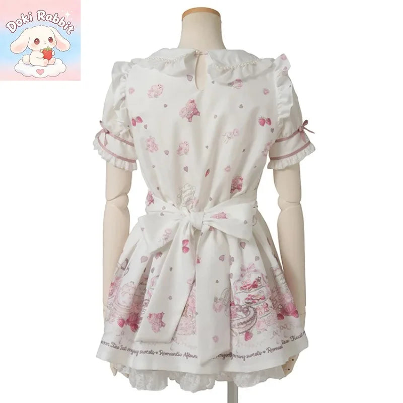 Summer Y2K Harajuku Japanese Subculture Kawaii 2 Piece Set Women's Short Sleeve Bow Printed Dress + Lace Mini Skirt Sweet Outfit - Matrix-studios.com