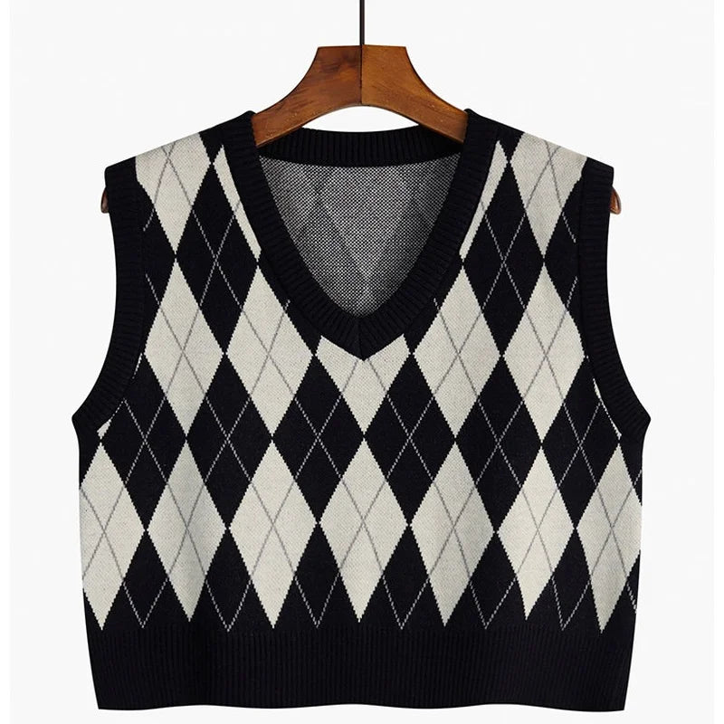 Autumn Fashion Female Vintage Plaid Sweater Vests Women's Tank Tops Knitted Crop Top Women Sleeveless Knitted Vest Waistcoat - Matrix Studios