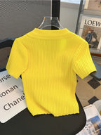 Summer Yellow Knitted Polo Shirt Women's 2024 New French V-Neck Letters High Waist Slim-Fit Ice Silk Top Short-Sleeved T-Shirt - Matrix-studios.com