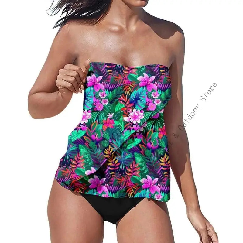 Strapless Tankini Swimsuits for Women 2 Piece Bathing Suits Bandeau Blouson Swim Top with Bottom - Matrix-studios.com