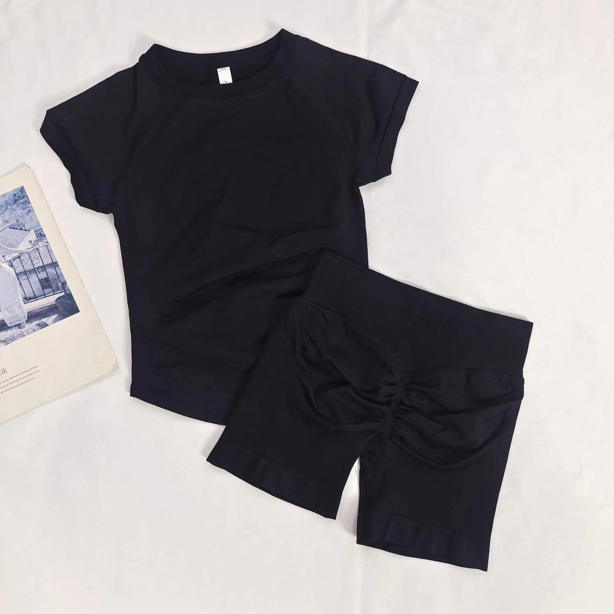 Women's Summer 2 Piece Yoga Outfit Slim Fit Short Sleeve Top High Waist Tummy Lifting Butt Shaping Shorts for Gym Running Daily - Matrix-studios.com
