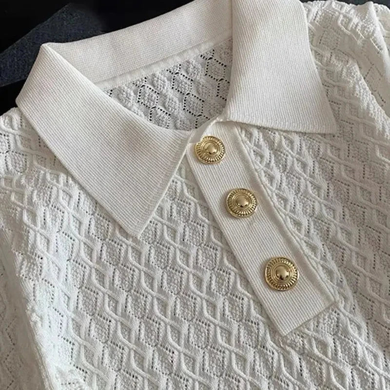 Ice Silk Polo Shirt Knitted Short Sleeve T-Shirt Summer Chic Thin Unique Jacquard Women Tops 2026 Korean Style Women’s Clothing - Matrix-studios.com