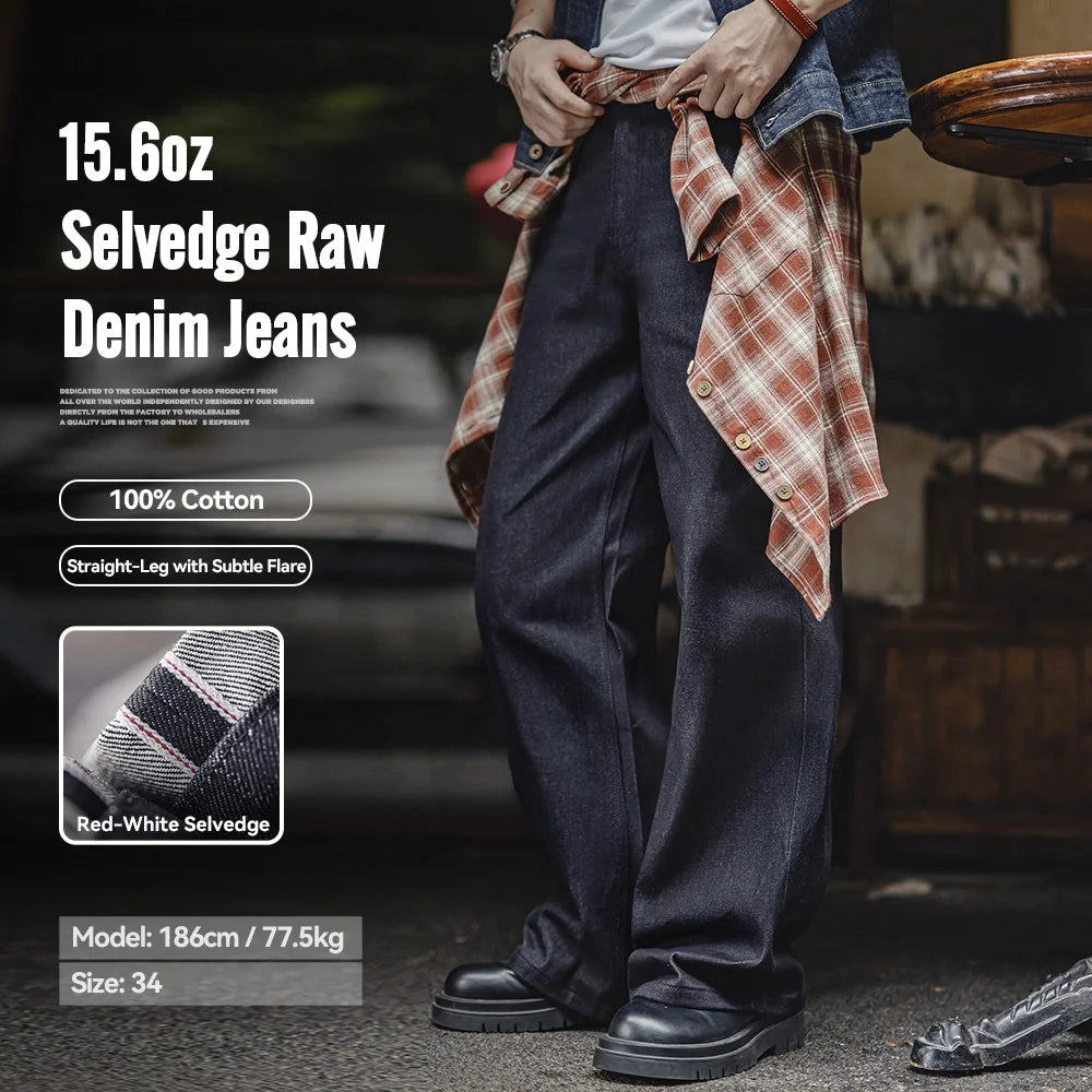 Maden Vintage 15.6oz Selvedge Raw Denim Jeans Heavyweight Blue Loose Fit Wide-Leg Jeans Zip Fly Cotton Trousers for Spring Fall - Matrix Studios
