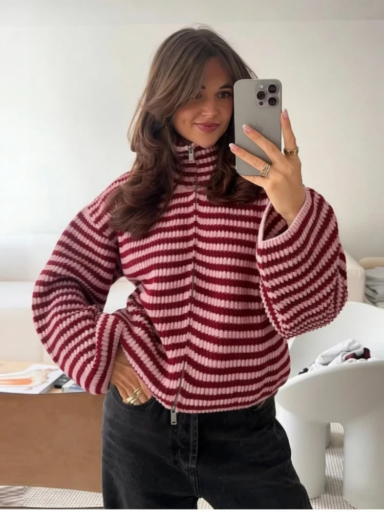 2026 New Spring Striped Loose Knit Cardigans Women Casual Turtleneck Zip-up Pink Sweater Coat Women Knitwear Streetwear - Matrix Studios