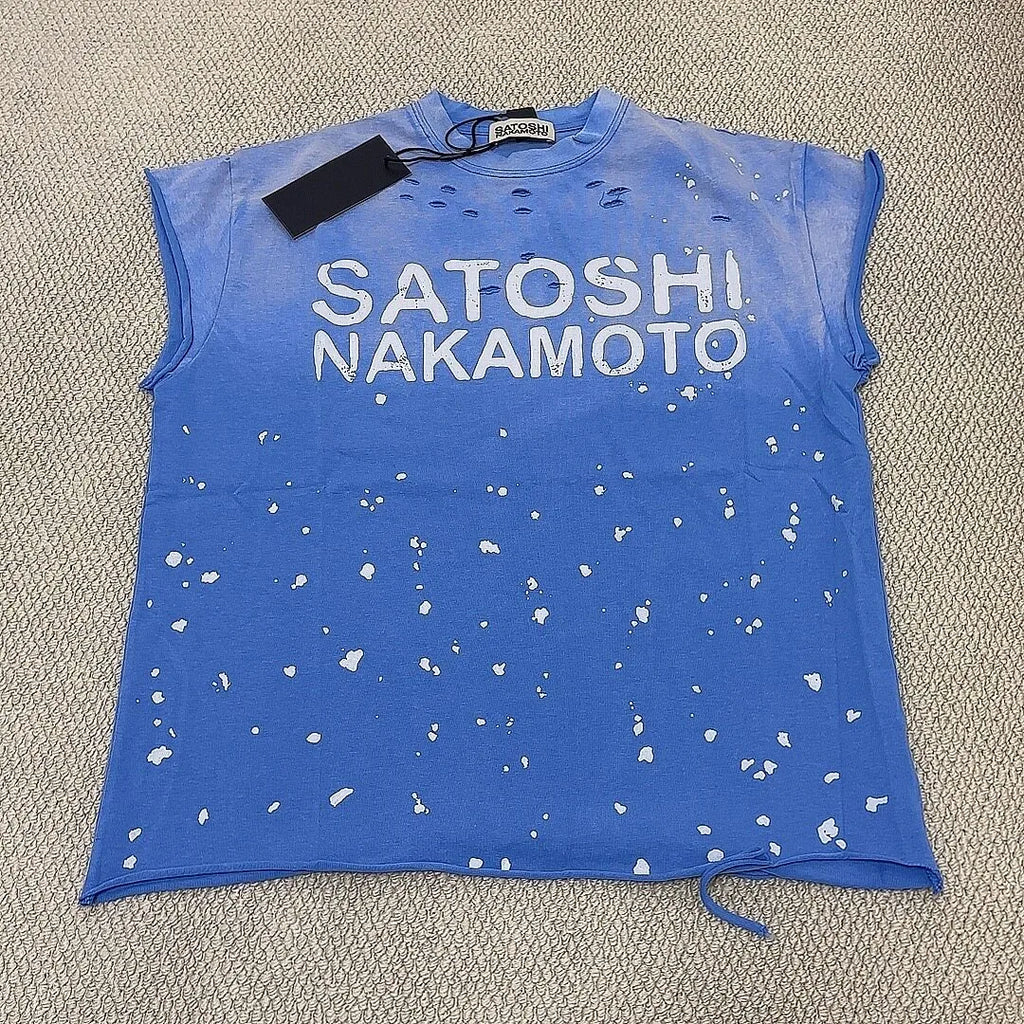 Blue Summer Hiphop Street Distressed Washed Worn Splashed Ink Sleeveless Tshirt SATOSHI Waistcoat Men Women Vest Loose Tank Top - Matrix-studios.com