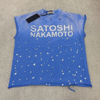 Blue Summer Hiphop Street Distressed Washed Worn Splashed Ink Sleeveless Tshirt SATOSHI Waistcoat Men Women Vest Loose Tank Top - Matrix-studios.com