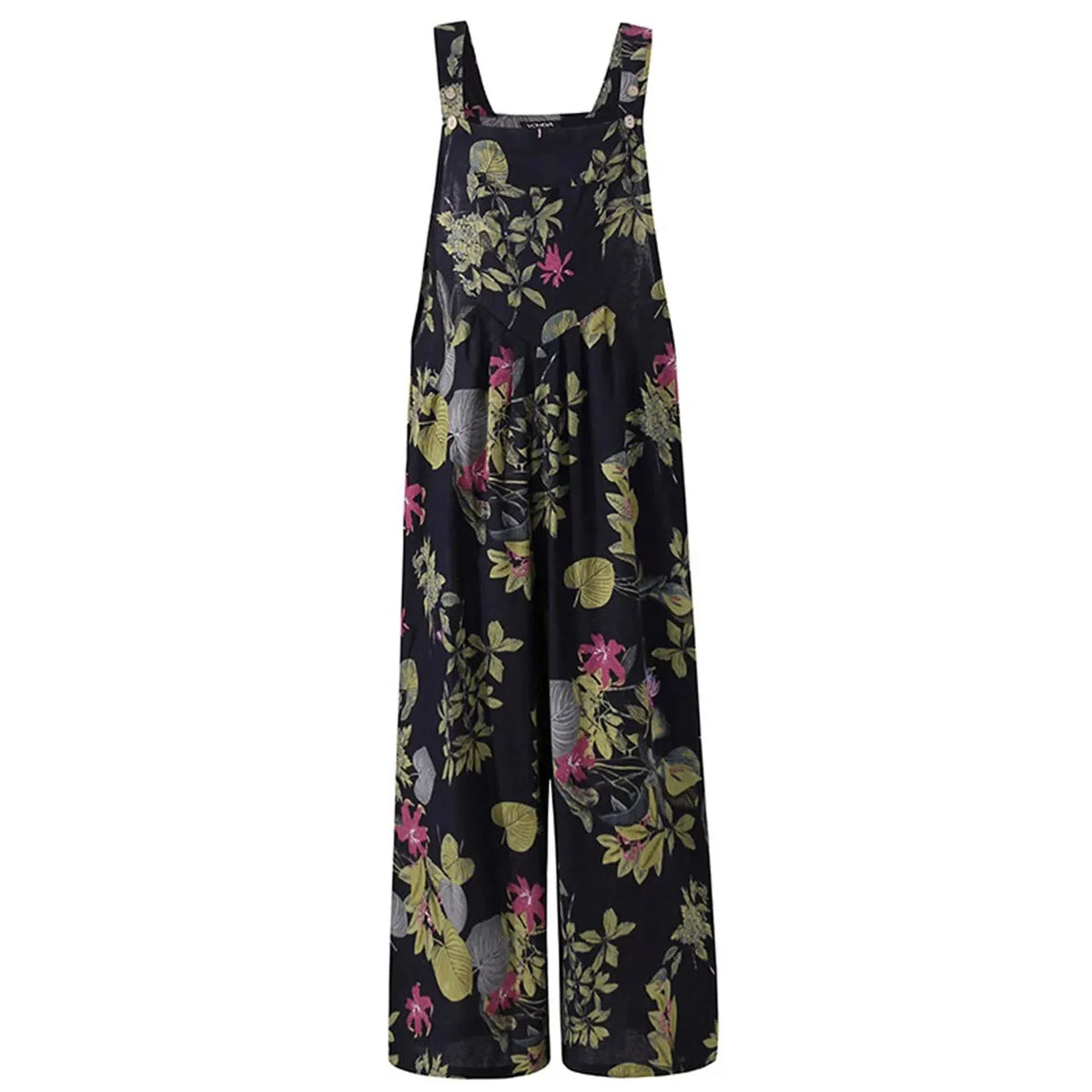 Combhasaki Women's S-3XL Cotton and Linen Jumpsuit Leaf Floral Print Square Neck Sleeveless Casual Loose Overalls with Pockets - Matrix Studios