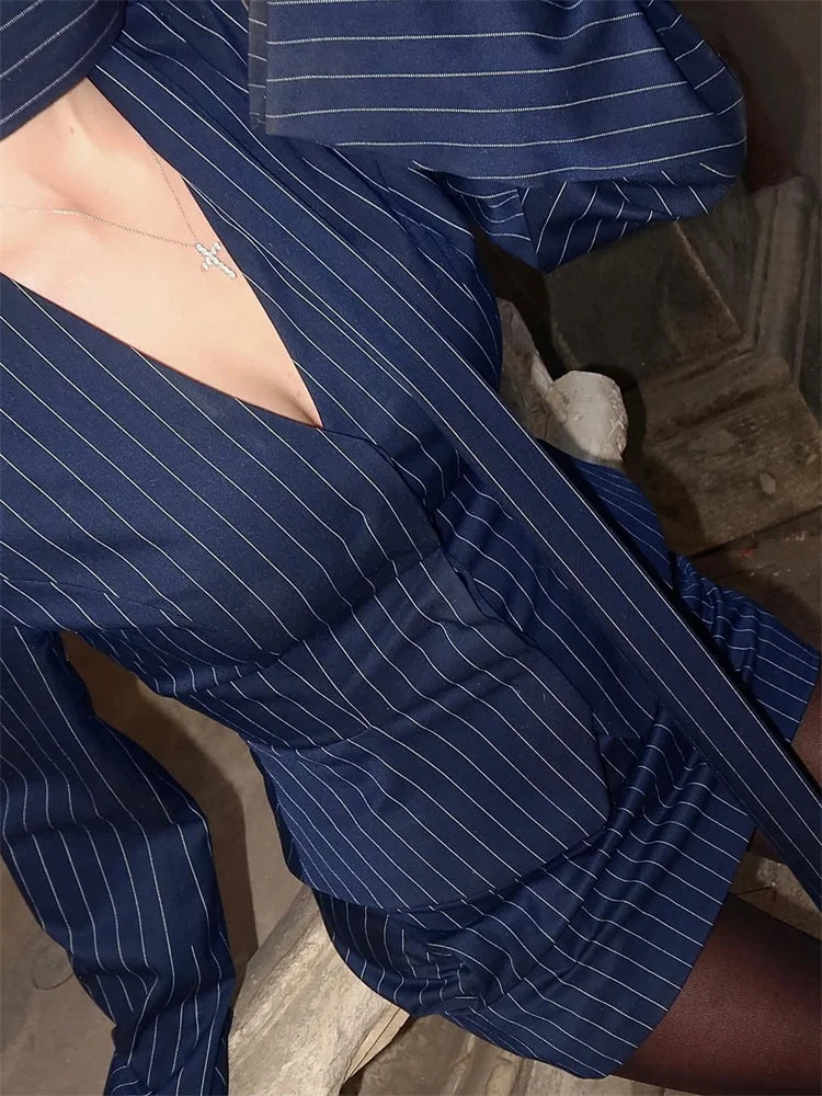 Tossy 3 Piece-Set Female Suit Mini Skirt Elegant Striped Commute Patchwork Fashion Luxury V-Neck Party Looks For Women Suit Sets - Matrix-studios.com