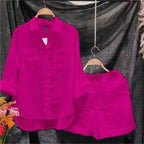 Summer Cotton Linen Casual Home 2 Piece Set For Women 2024 Fashion White Long Sleeve Shirt And Shorts Two Piece Sets Tracksuit - Matrix-studios.com