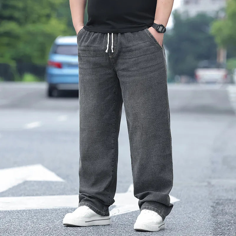 8XL Elastic Waist Men's Jeans, Loose Straight Leg Stretch Denim Pants, Plus Size Casual Streetwear, Big Size Relaxed Fit Trouser - Matrix Studios