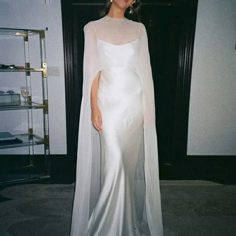 Women Chiffon Capelet Sheer Mesh Bridal Cape Shawl Wraps Asymmetrical High Low Flowy Wedding Party Cover Up Poncho Party Robes - Matrix Studios