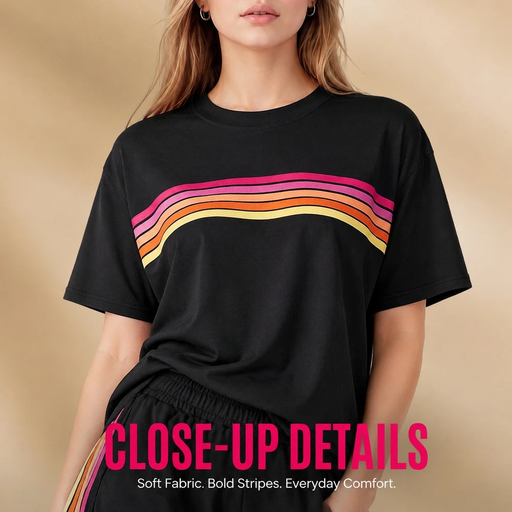 2 Piece Women's Short Set Short Sleeve Crew Neck T Shirt and Elastic Waist Shorts Retro Rainbow Striped Casual Lounge Wear Matching Outfit Relaxed Fit with Curved Hem Side Split for Streetwear Vacation Summer - Matrix-studios.com