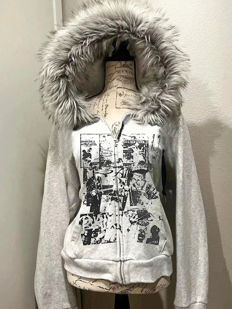 Subculture Gothic Women Coats with Hoodies Vintage Korean Harajuku Black Jackets Faux Fur Coat Female Loose Casual Sweatshirt - Matrix Studios