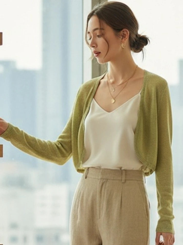 2026 Spring Summer Women Crop Tops Sun-Proof Cardigans Korean Sweater Fashion Thin Short Solid Knitted Long Sleeve Cardigan - Matrix Studios