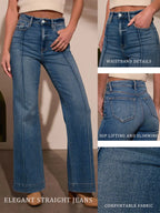 Autumn new women's dark blue high waist straight jeans slim fit wide leg version stretch denim fabric elegant intellectual jeans - Matrix-studios.com