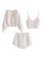 Vintage Set Shaggy Korea Style White Cardigan Furry Single-breasted Button Tank Top Knitted Sweater Jumper 1 Set - Matrix Studios