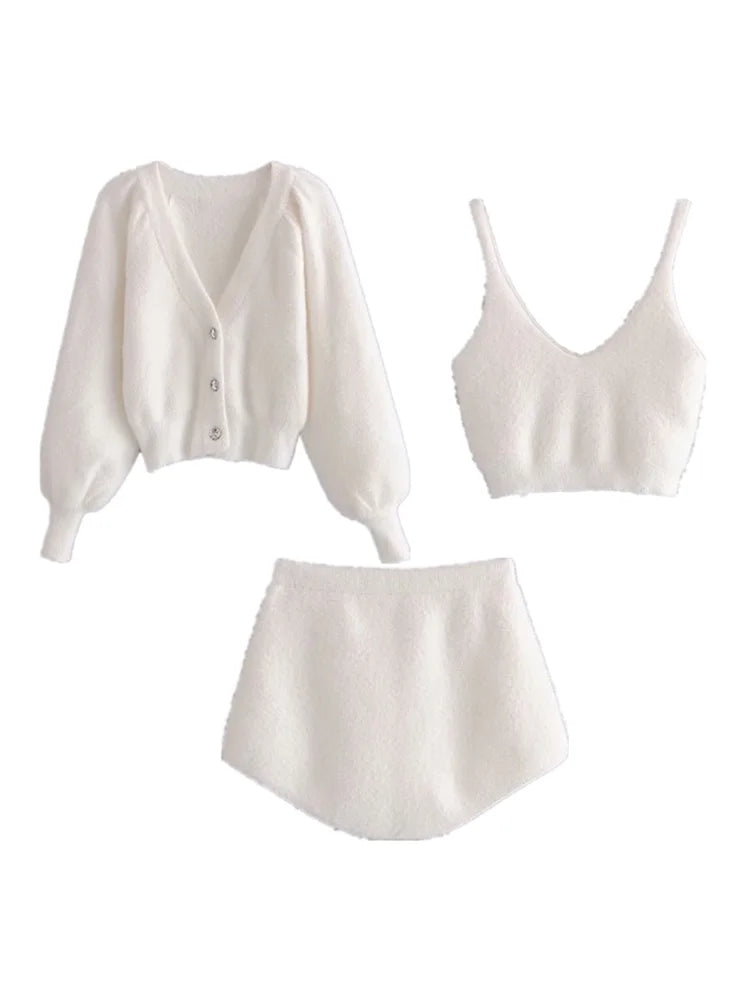 Vintage Set Shaggy Korea Style White Cardigan Furry Single-breasted Button Tank Top Knitted Sweater Jumper 1 Set - Matrix Studios