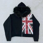 Retro Y2K Ins Fur Collar Printed Zipper Sweatshirt Long Sleeved Pullover Hoodie Street Trend Casual Retro Jacket - Matrix Studios