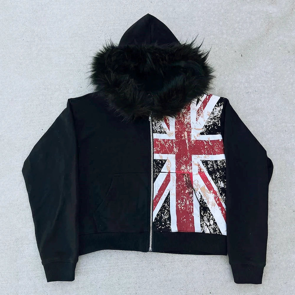 Retro Y2K Ins Fur Collar Printed Zipper Sweatshirt Long Sleeved Pullover Hoodie Street Trend Casual Retro Jacket - Matrix Studios