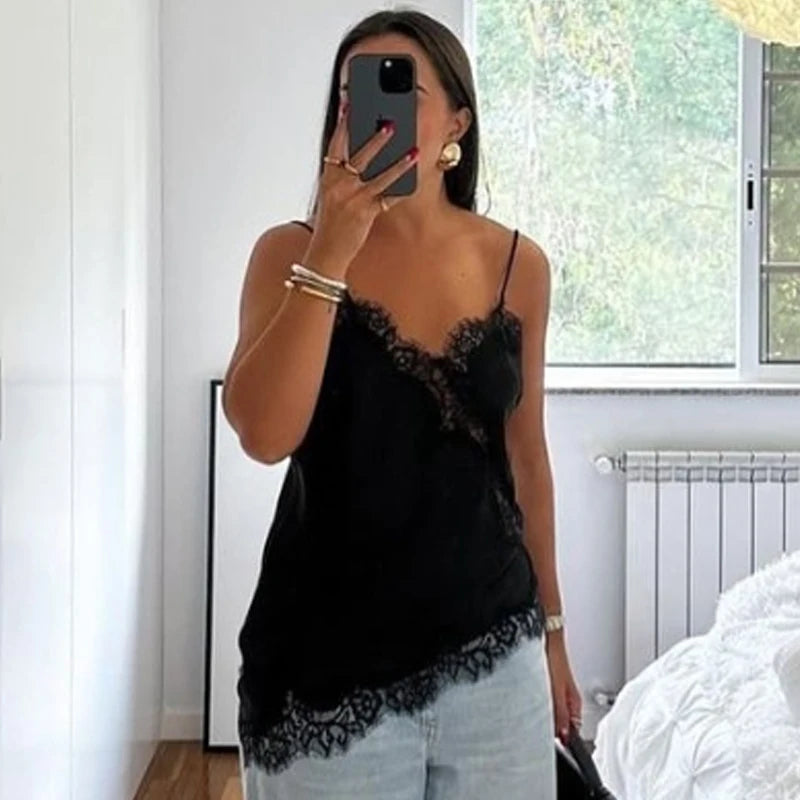 HXAO Asymmetrical Slip Top Women Summer 2025 Y2K Tanks & Camis Lace Black Off Shoulder Top Elegant Sleeveless Backless Camisole - Matrix-studios.com