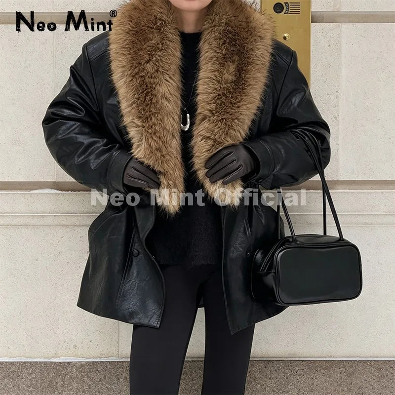Neo Mint Luxury Brand Fashion Design Black Long Faux Leather Coat Women Detachable Fur Collar Oversized PU Leather Jacket Blazer - Matrix Studios