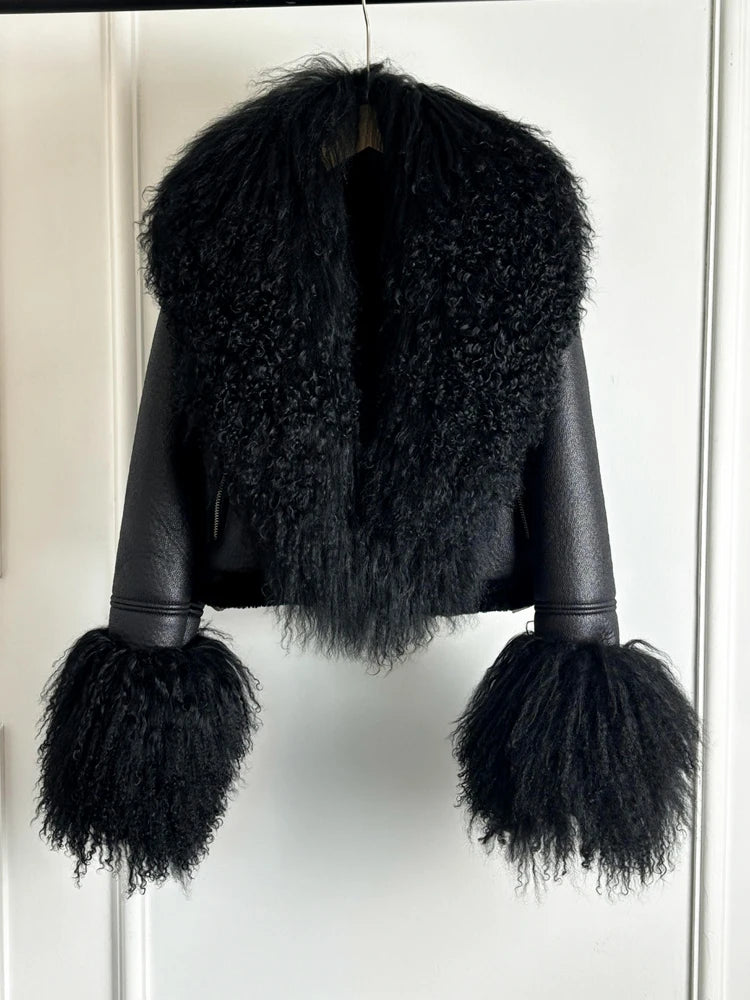 Janveny 2026 Winter Warm Faux Leather Sheepskin Coat Women Large Real Wool Fur Collar Zipper Slim Biker Pu Leather Short Jacket - Matrix Studios