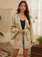 Boho Queens Multi Floral Print Sashes Short Kimono Women Bohemian V Neck Batwing Sleeves Rayon Robe Beach Bikini Cover-up - Matrix Studios