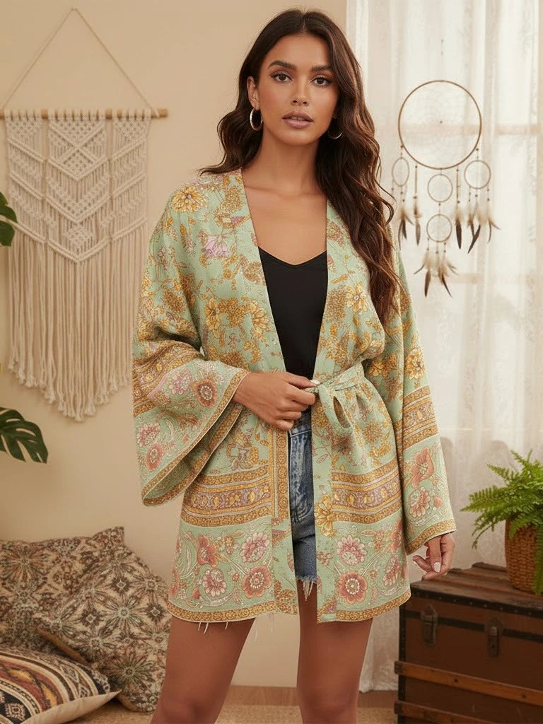 Boho Queens Multi Floral Print Sashes Short Kimono Women Bohemian V Neck Batwing Sleeves Rayon Robe Beach Bikini Cover-up - Matrix Studios