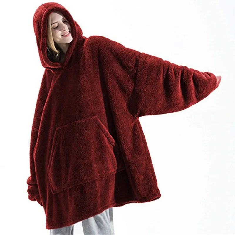 New Winter Women Double-faced Fleece Hoodie Blanket Oversize Large Pocket Warm Couple Loose Sweatshirts Women And Men Robe - Matrix Studios