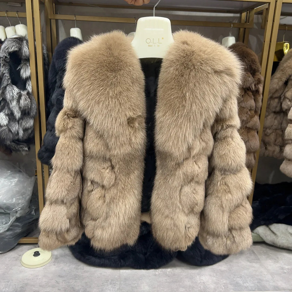 HUA QIU MEI SI Women's Natural Fox Fur Jacket with Fox Collar for Winter Warmth, Short Style Real Fox Fur Leather Jacket - Matrix Studios