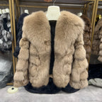 HUA QIU MEI SI Women's Natural Fox Fur Jacket with Fox Collar for Winter Warmth, Short Style Real Fox Fur Leather Jacket - Matrix Studios