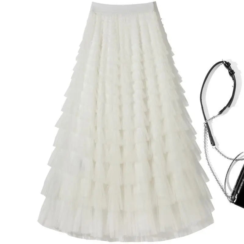 Sweet Layered Cake Me Skirt Elastic Waist Princ Long Dr Korean Sle High Waist Polyester Fabric Mid-Length Skirt - Matrix-studios.com