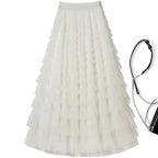 Sweet Layered Cake Me Skirt Elastic Waist Princ Long Dr Korean Sle High Waist Polyester Fabric Mid-Length Skirt - Matrix-studios.com