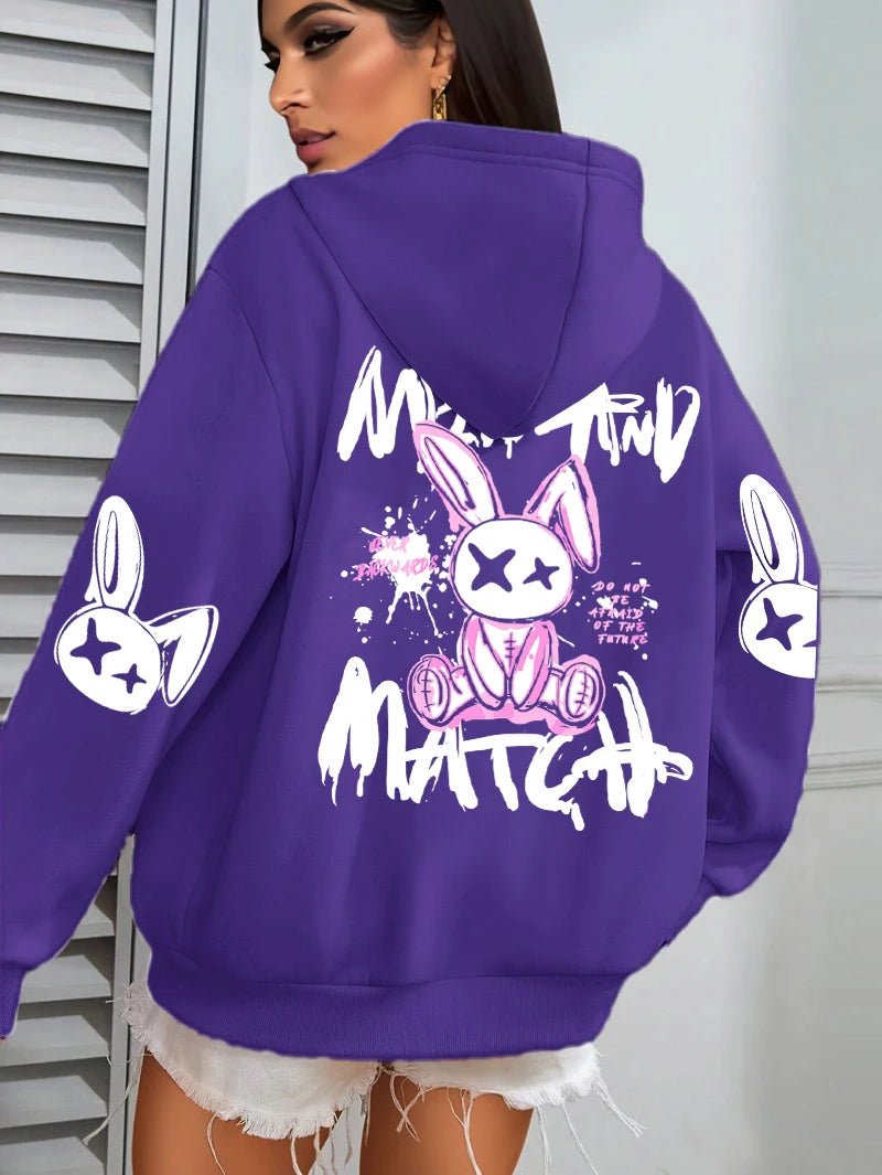 Mix And Match Cartoon Rabbit Prints Women Hoodie Pocket Streetwear Harajuku Loose Hoody All-Match Fleece Female Clothing - Matrix Studios