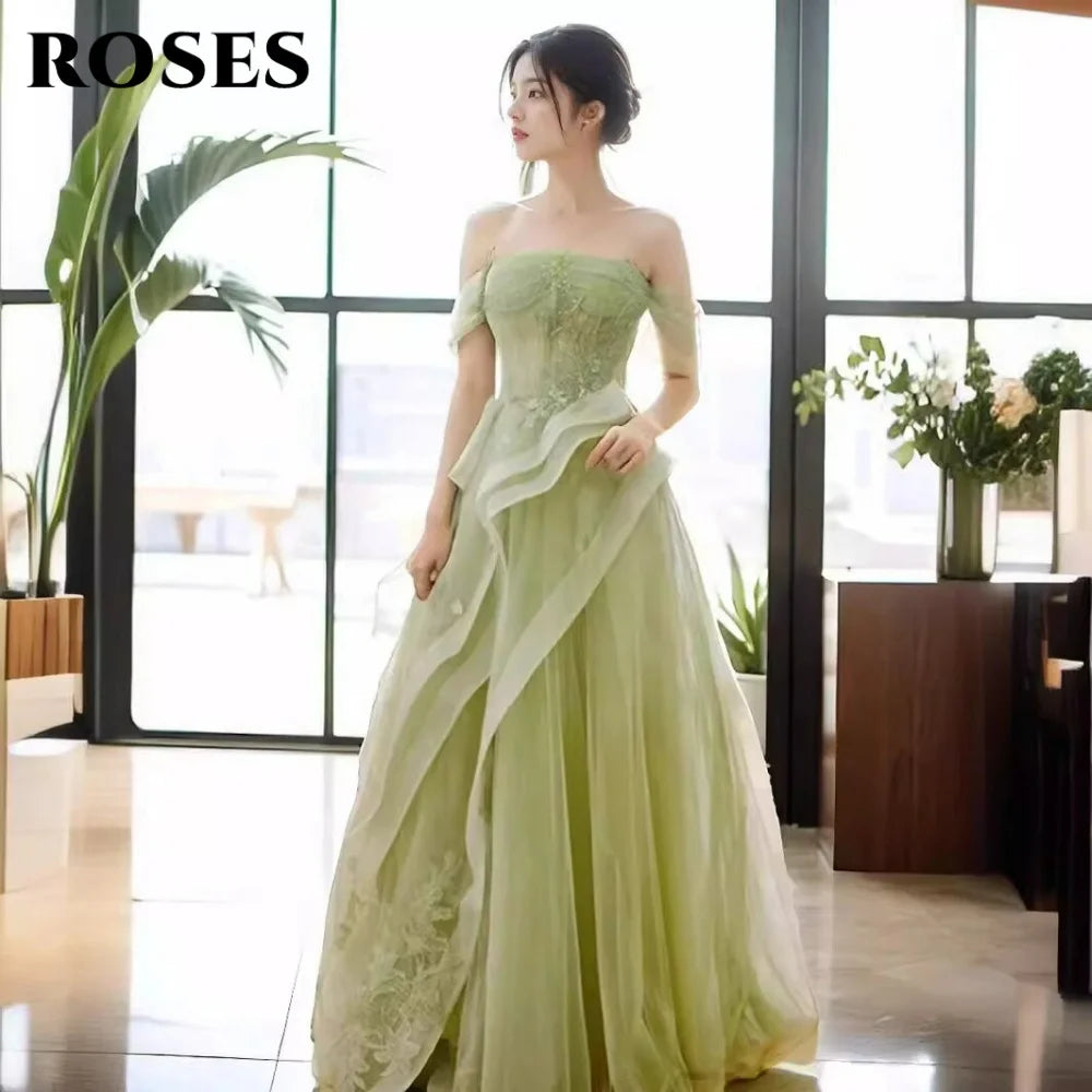 ROSES Sage Green Prom Dress Appliques Tulle Celebrity Dresses Tiered Pleat Women's Evening Dress Sweetheart Formal Gown 프롬 드 - Matrix-studios.com