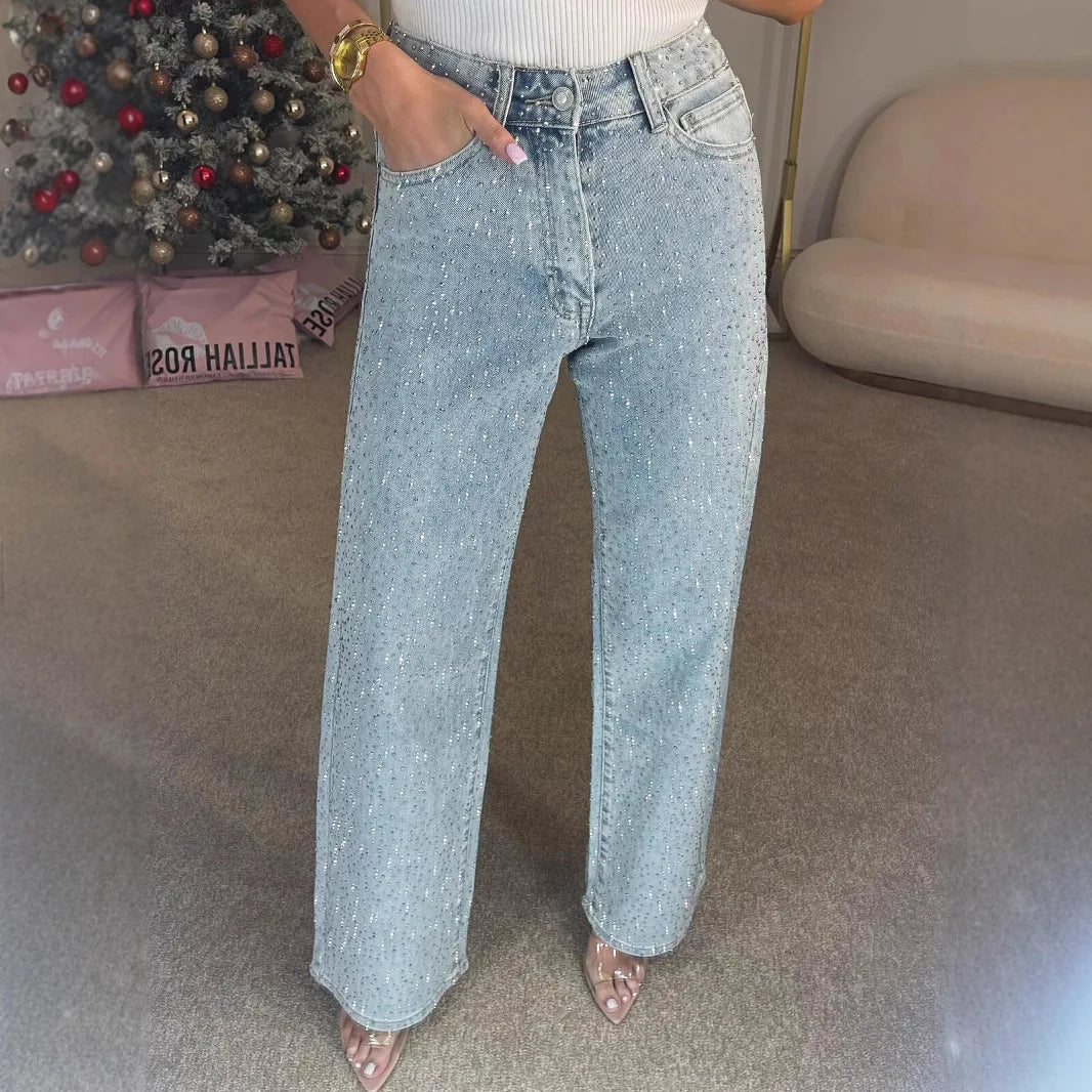 Straight Jeans for Women Diamonds Pants Stretch High Waist Washed Distressed Pockets Vintage Denims Streetwear Female Trousers - Matrix-studios.com