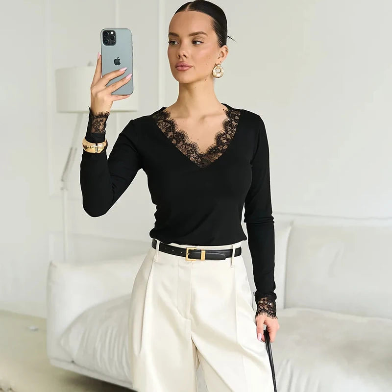 Tornova V neck Lace T shirt Top Women Sexy Navel Exposed Pullover Fashion Splice Hot Girl Club Party Top Autumn New Lady T shirt - Matrix-studios.com