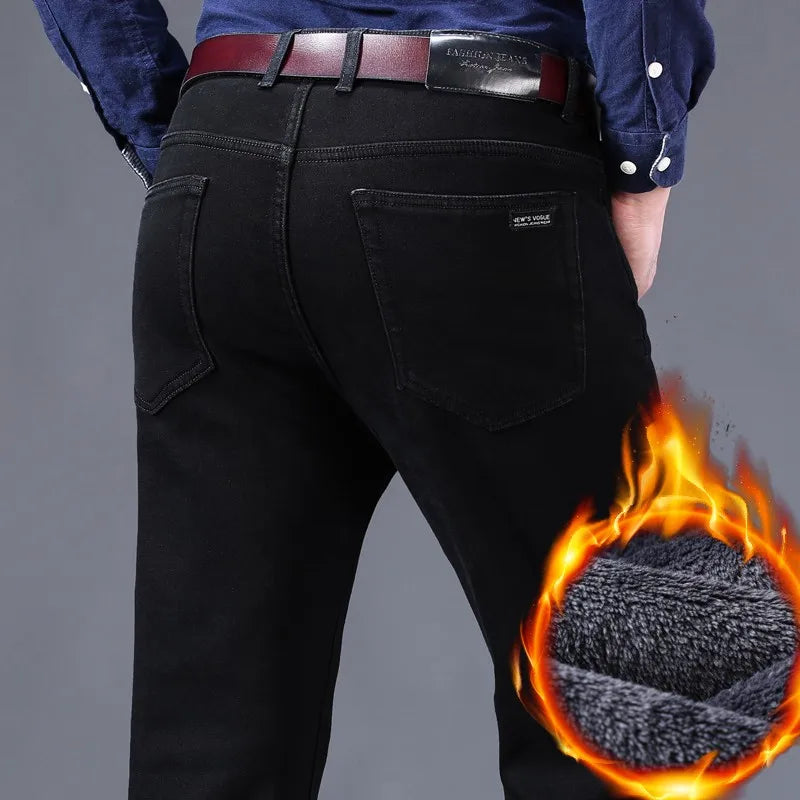2025 New business casual Trousers Grey Fleece Men Clothes Black Elasticity Warm Winter Jeans Velvet Jeans - Matrix Studios