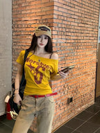 Y2k Sport Summer Off shoulder Top Women Sexy Vintage 2000s Short sleeve T shirt Lady Body Basic Crop Top Female Casual - Matrix-studios.com