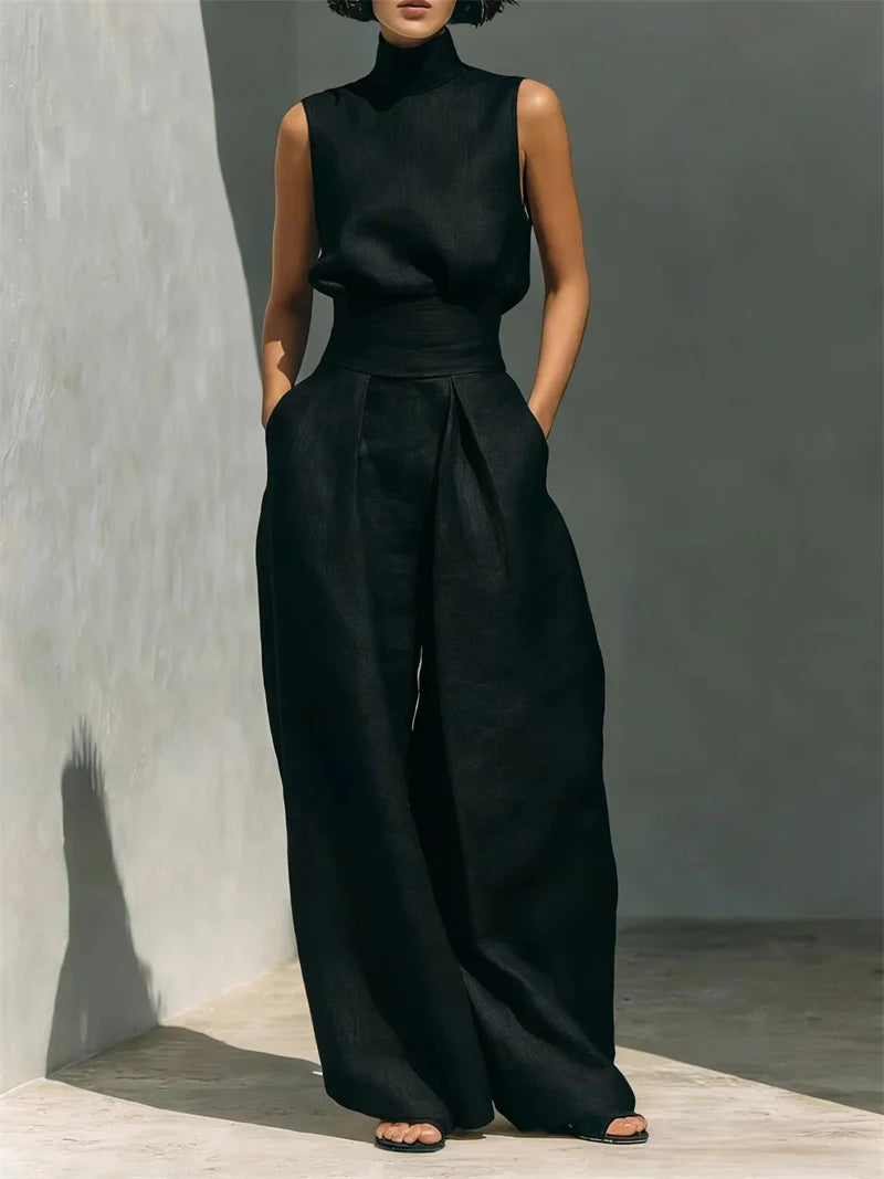 Women Summer Fashion Casual Loose Solid Suit Cotton Linen Set Sleeveless Tops Wide Leg Pants Office Ladies 2 Piece Sets 2026