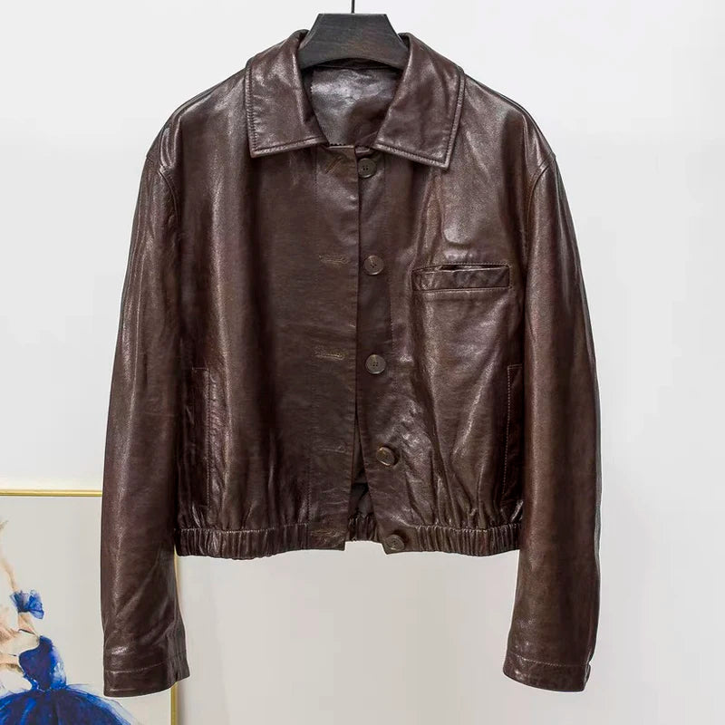 Advanced Oil Wax Leather Jacket for Women Autumn Winter Female 100% Lambskin Square Neck Elastic Waist  Loose Coat Vestes Femmes - Matrix Studios