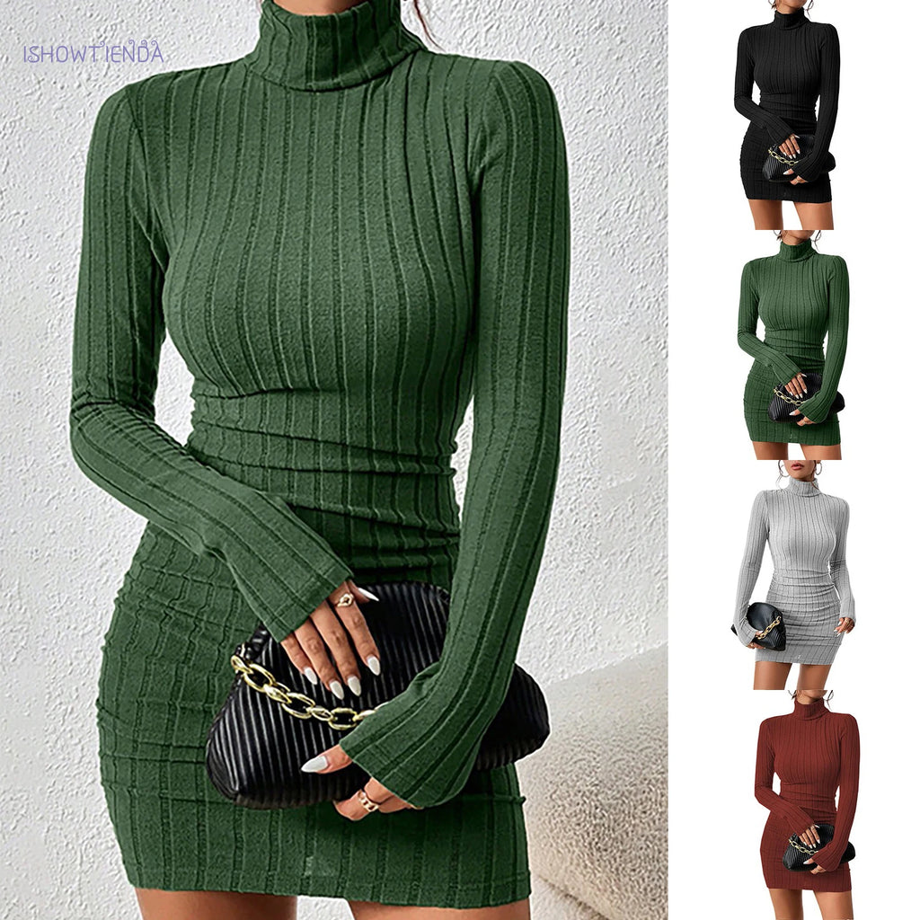 Knitted Bottoming Dress Women Elegant Party Autumn Winter Turtleneck Long Sleeves Sexy Sheath Mini Dresses Bodycon Club Dress - Matrix-studios.com