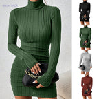 Knitted Bottoming Dress Women Elegant Party Autumn Winter Turtleneck Long Sleeves Sexy Sheath Mini Dresses Bodycon Club Dress - Matrix-studios.com