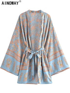 Multi Floral Print Sashes Kimono Women V Neck Batwing Sleeves Happie Bohemian Short Robe  Beach Boho Bikini Cover-ups - Matrix Studios