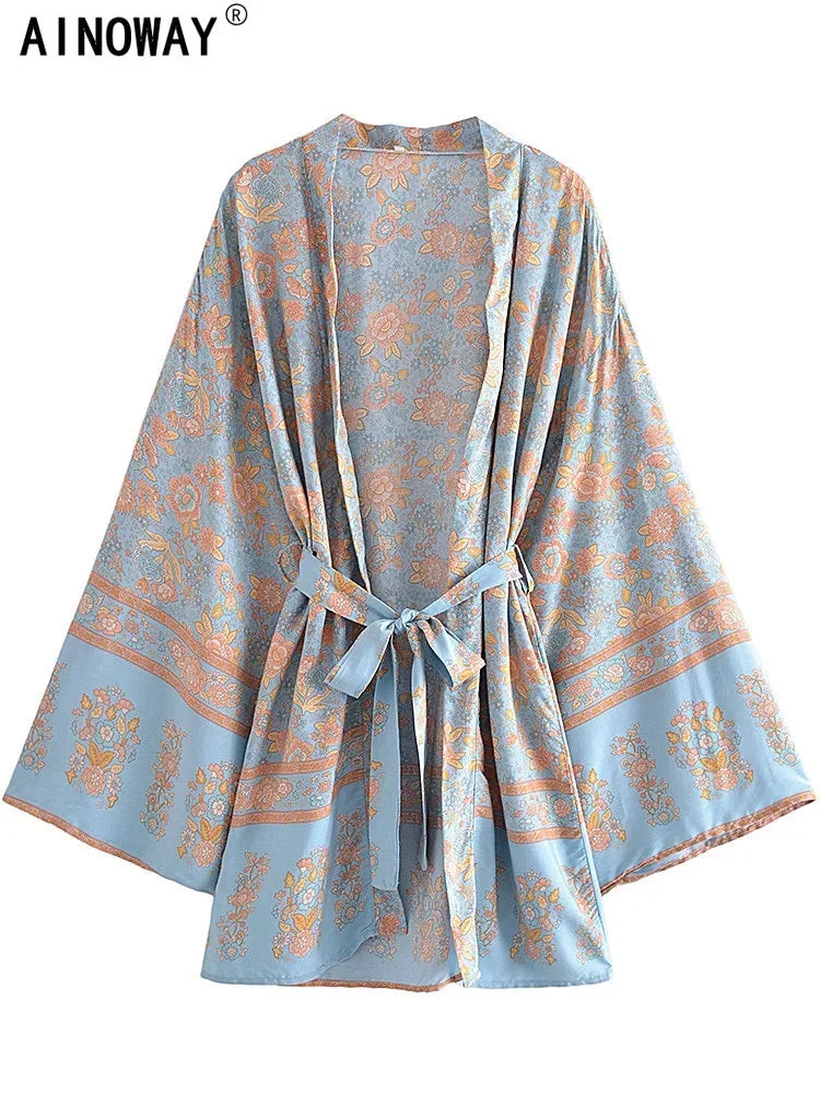 Multi Floral Print Sashes Kimono Women V Neck Batwing Sleeves Happie Bohemian Short Robe  Beach Boho Bikini Cover-ups - Matrix Studios