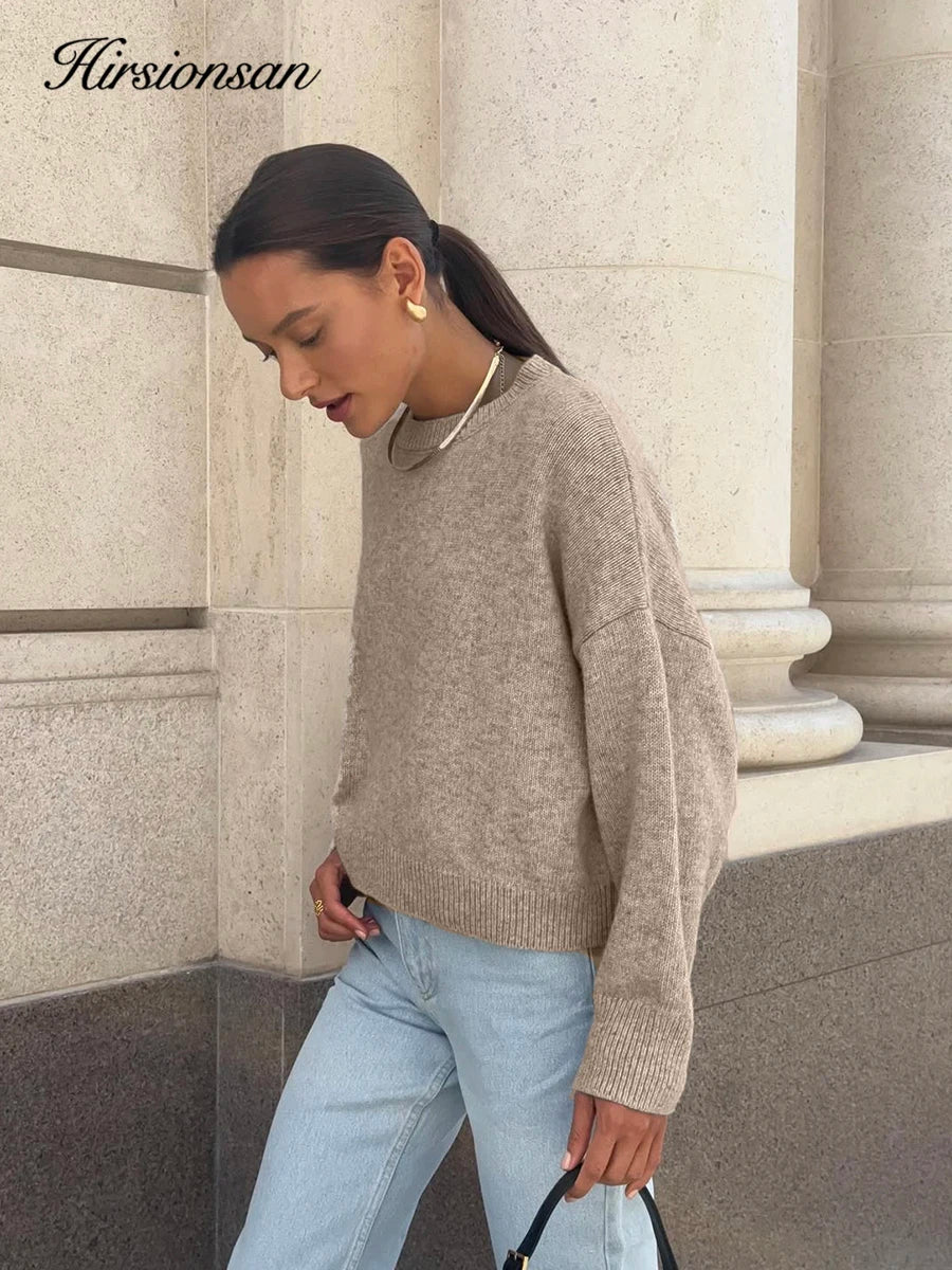 Hirsionsan Basic O Neck Basic Sleeve Sweater Women 2025 Oversized Short Knitted Pullovers Female Casual Thick Warm Soft Tops - Matrix Studios