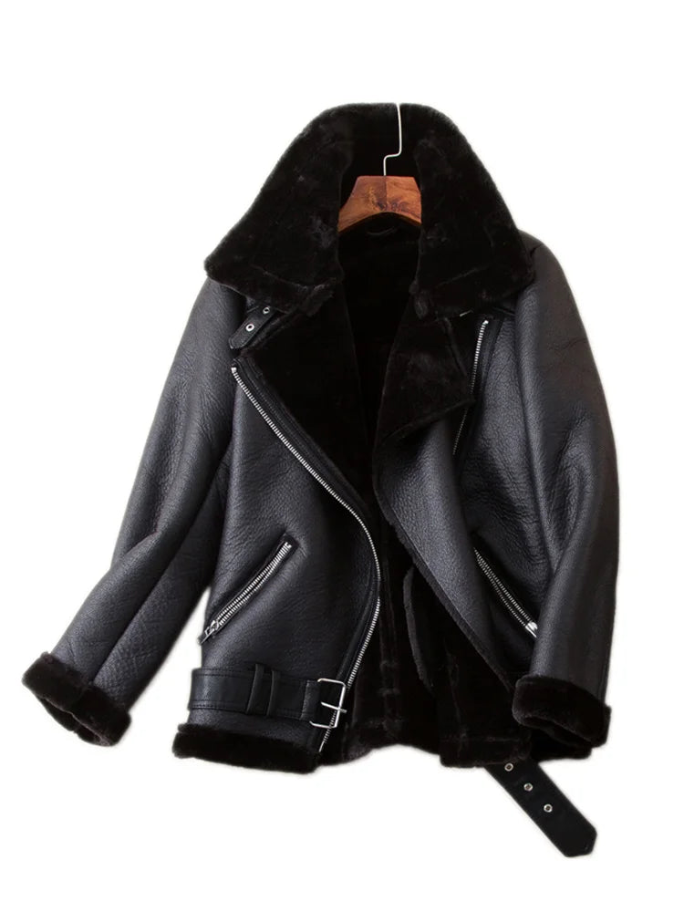 Ailegogo Winter Coats Women Thickness Faux Leather Fur Sheepskin Female Fur Leather Jacket Aviator Outwear Casaco Feminino - Matrix Studios