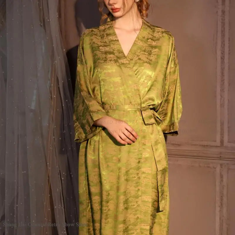 Luxury Jacquard Long Robe Nightgown Women Half Sleeve Kimono Bathrobe Gown Satin Ice Silk Sleepwear Sexy Home Dress Lounge Wear - Matrix-studios.com