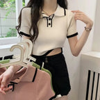 Contrast Color Polo Collar Shoulder Knitted Short Sleeves T-shirt Women's Summer Slim-Fitting Design Sense Niche Short Tops - Matrix-studios.com