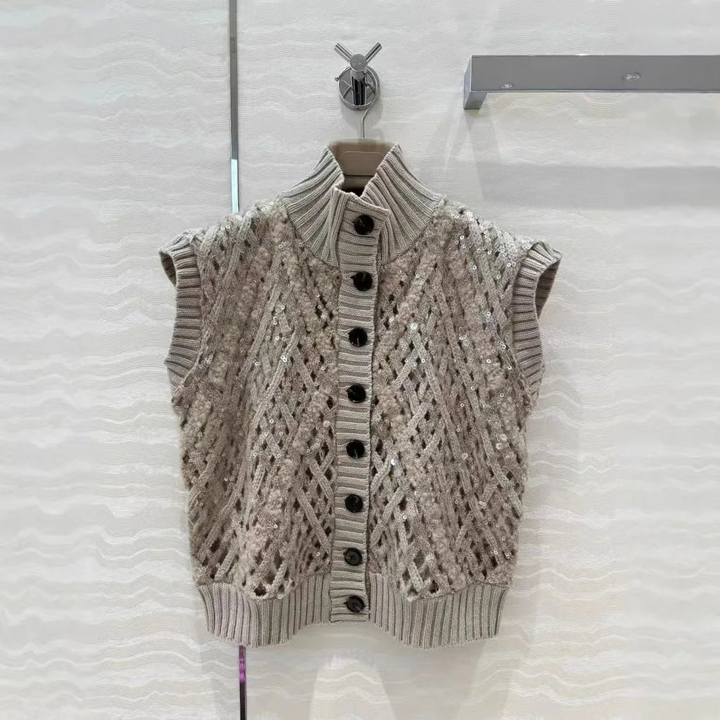 Naizaiga  100 cashmere mock neck white mocha hollow out autumn women sleeveless sequin cardigans  JH1 - Matrix Studios